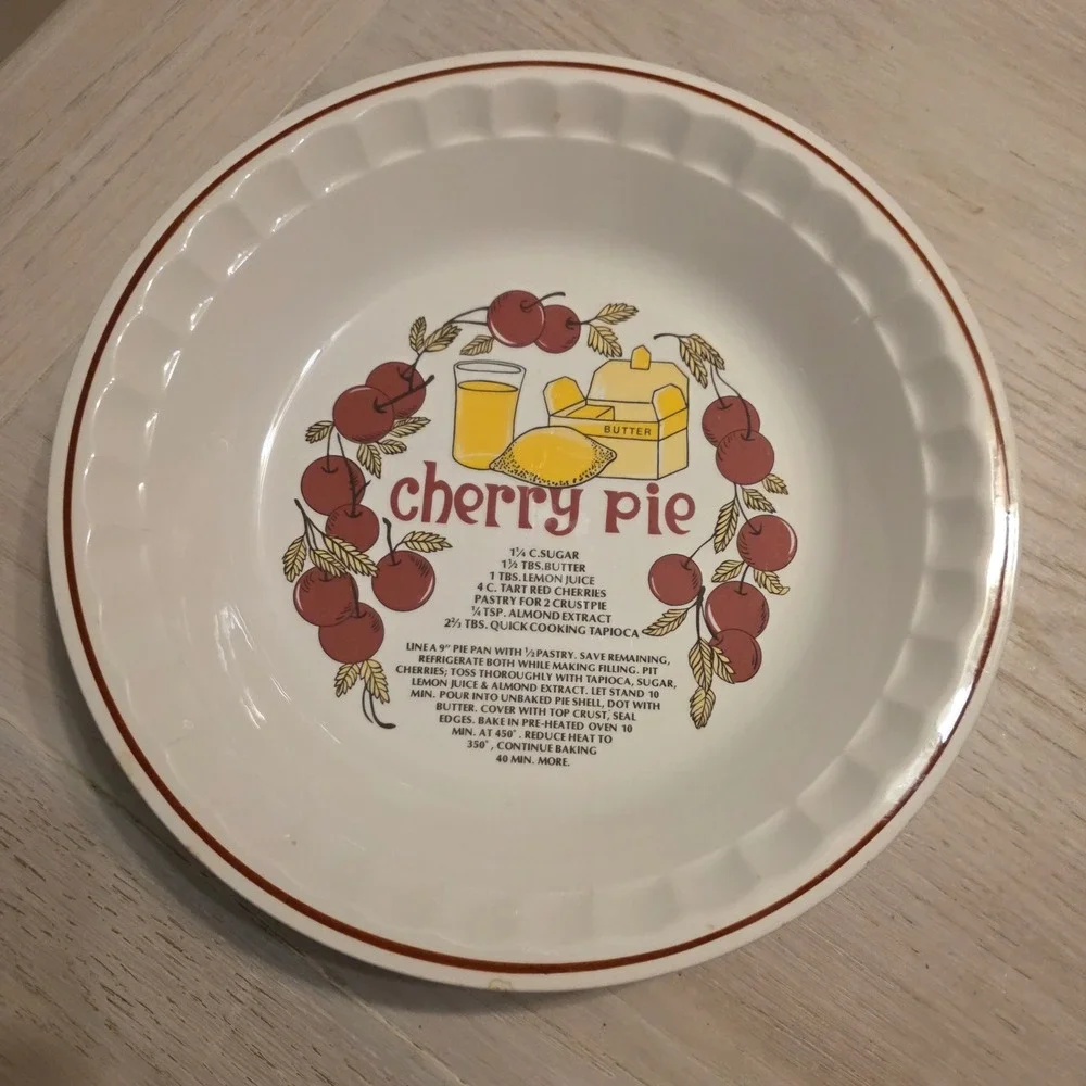 Vintage Ceramic Cherry Pie Recipe Dish Fluted Edge Stoneware Korea Retro Baking
